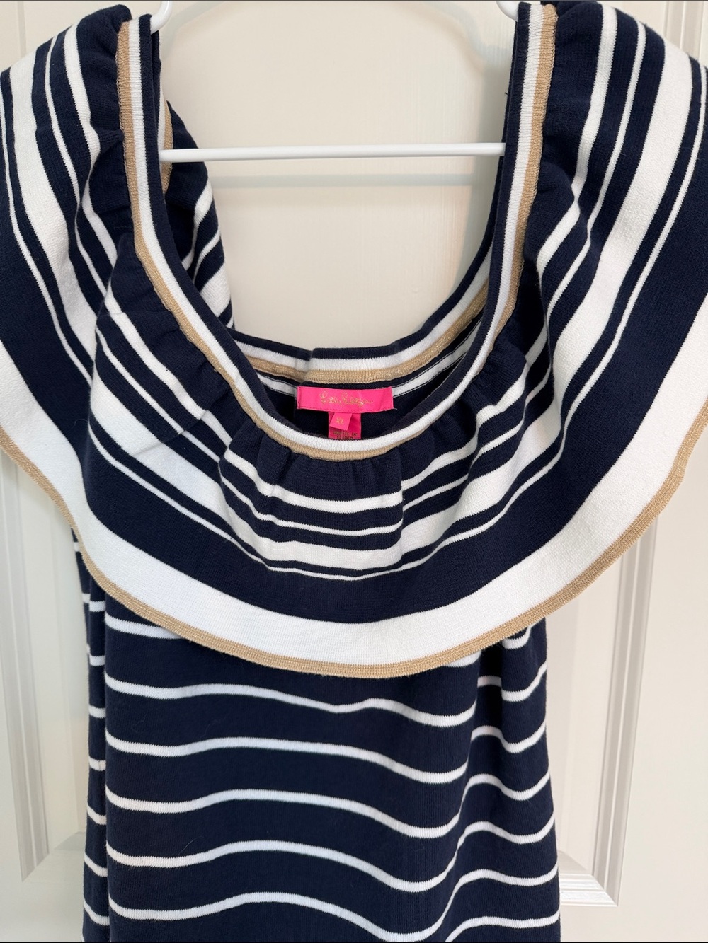 Lilly Pulitzer Navy, White & gold Striped Off-the-Shoulder Sweater